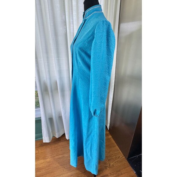 Vintage 1960s dress, turquoise blue, coat-style maxi duster, mandarin collar - Picture 3 of 10